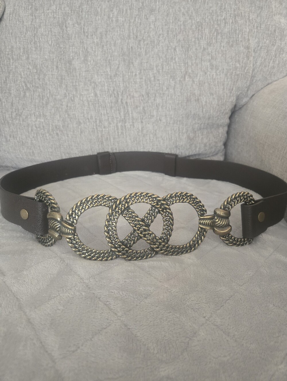 Chico's Dark Brown Belt with Antique Gold Interlocking Rope Buckle